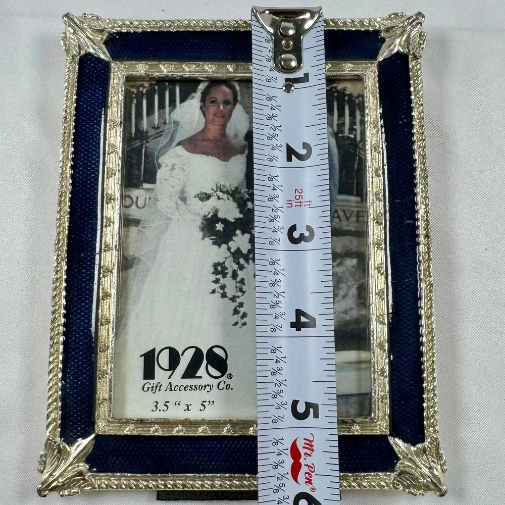 1928 Navy Blue Enamel Silver Tone Filigree 3.5x5 in. Frame Classic Elegant 90s